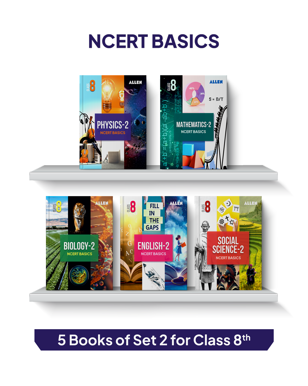 ALLEN Class 8 NCERT All-in-One Study Material Package - 11 Multicolor Modules Covering 6 Core Subjects | Physics, Chemistry, Biology, Maths, Social Science & English