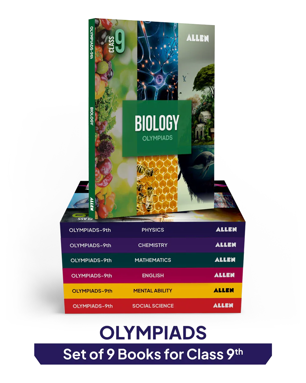 ALLEN Class 9 All-in-One Olympiad Study Material Package -9 Multicolor Modules Covering 7 Core Subjects | Physics, Chemistry, Biology, Maths, Social Science, English & Mental ability