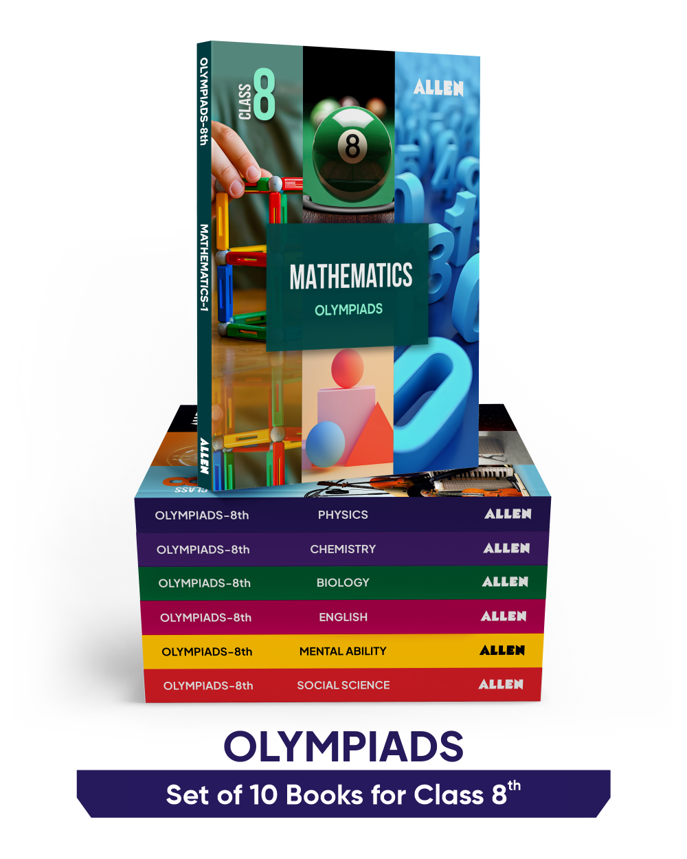 ALLEN Class 8 All-in-One Olympiad Study Material Package -10 Multicolor Modules Covering 7 Core Subjects | Physics, Chemistry, Biology, Maths, Social Science, English & Mental ability
