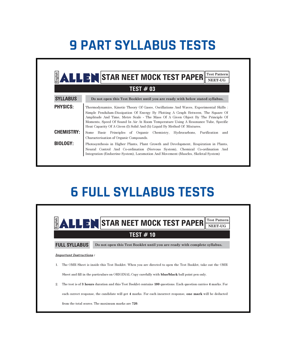 ALLEN STAR NEET Mock Test Papers With Solutions | 15 Mock Tests (9 Part Syllabus + 6 Full Syllabus) as per Latest NTA Pattern (15 OMR Sheets + Solution Booklet) with Past Year Paper Analysis
