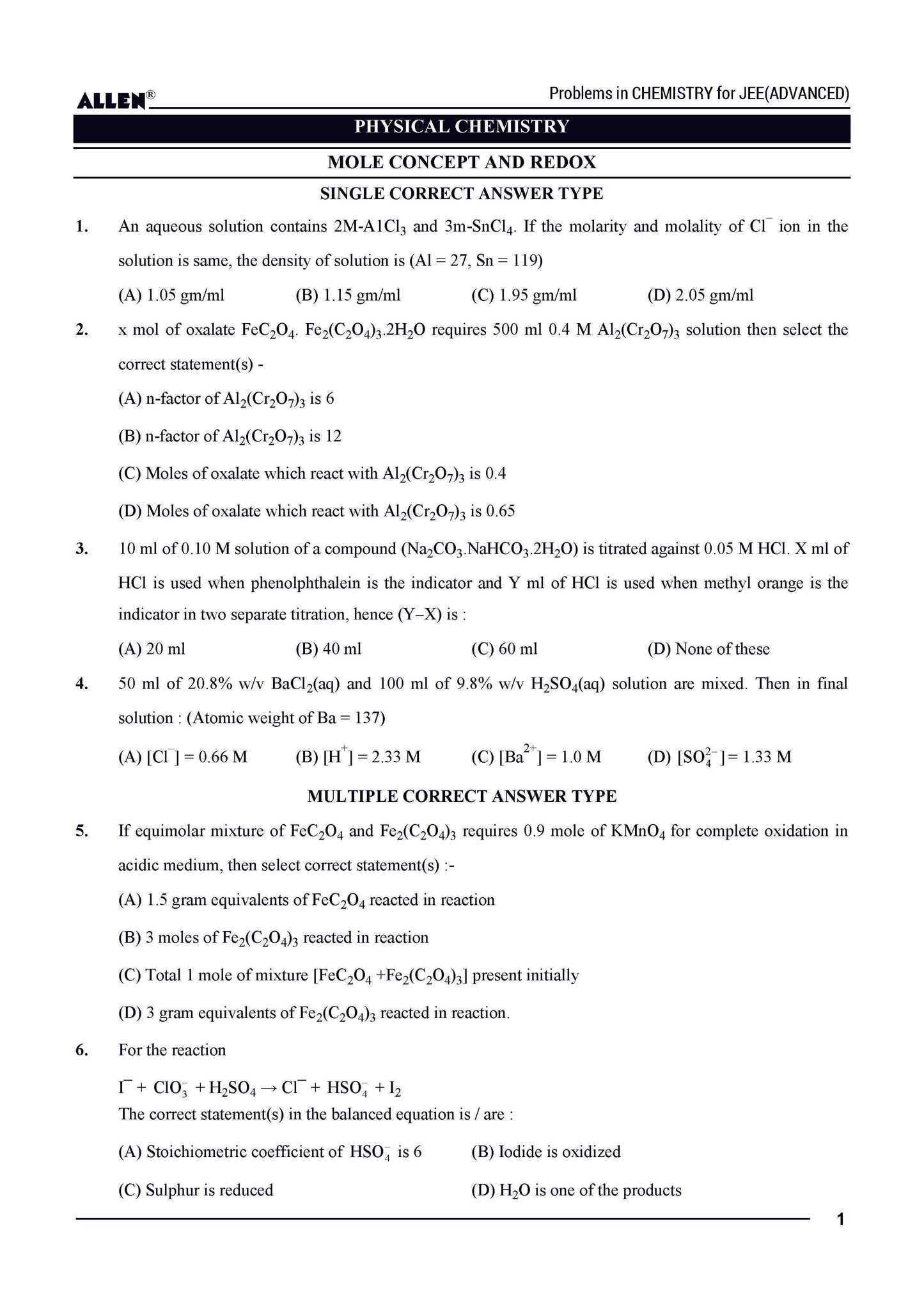 Problems in Chemistry with Answer key for JEE Advanced in English by ALLEN