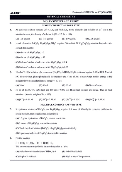 Problems in Chemistry with Answer key for JEE Advanced in English by ALLEN
