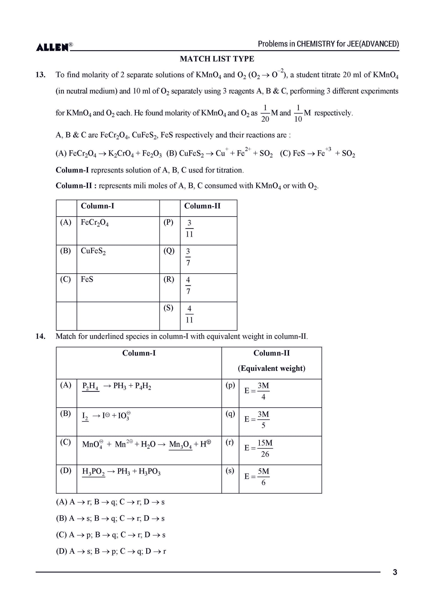 Problems in Chemistry with Answer key for JEE Advanced in English by ALLEN