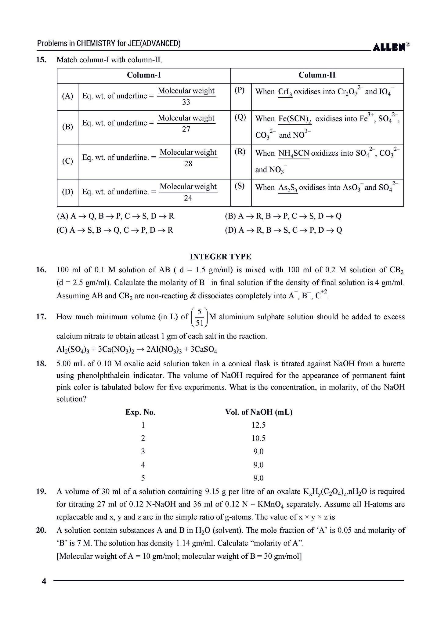 Problems in Chemistry with Answer key for JEE Advanced in English by ALLEN