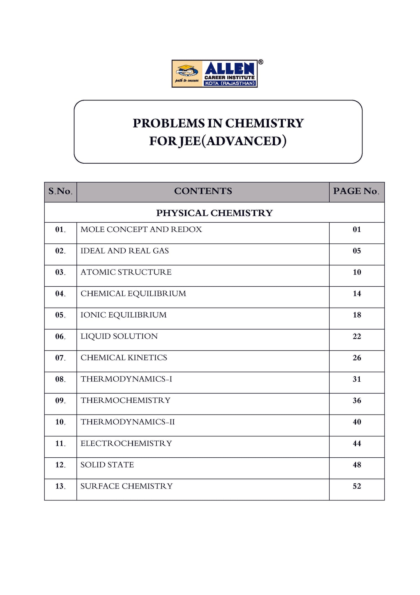Problems in Chemistry with Answer key for JEE Advanced in English by ALLEN