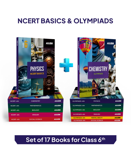 ALLEN Class 6 NCERT + Olympiad Complete Study Material – 17 Multicolor Modules Covering 7 Subjects | Physics, Chemistry, Biology, Maths, Social Science, English & Mental ability