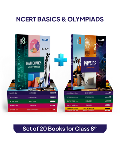 ALLEN Class 8 NCERT + Olympiad Complete Study Material – 20 Multicolor Modules Covering 7 Subjects | Physics, Chemistry, Biology, Maths, Social Science, English & Mental ability
