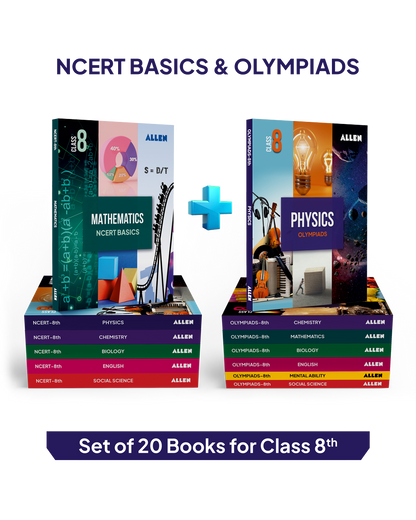 ALLEN Class 8 NCERT + Olympiad Complete Study Material – 20 Multicolor Modules Covering 7 Subjects | Physics, Chemistry, Biology, Maths, Social Science, English & Mental ability