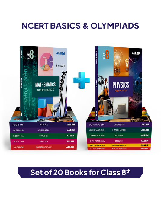 ALLEN Class 8 NCERT + Olympiad Complete Study Material – 20 Multicolor Modules Covering 7 Subjects | Physics, Chemistry, Biology, Maths, Social Science, English & Mental ability