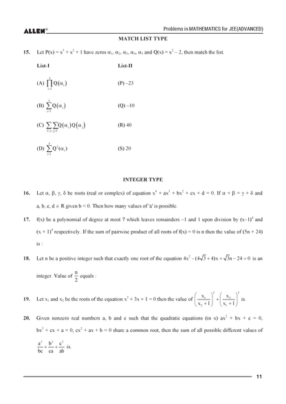 Problems in Mathematics with Answer key for JEE Advanced in English by ALLEN