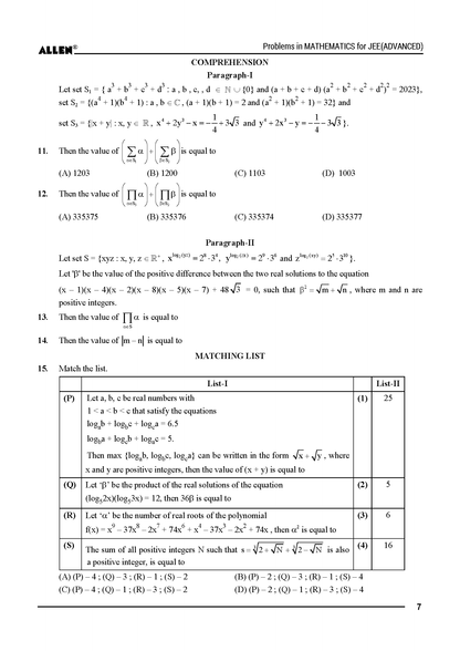 Problems in Mathematics with Answer key for JEE Advanced in English by ALLEN