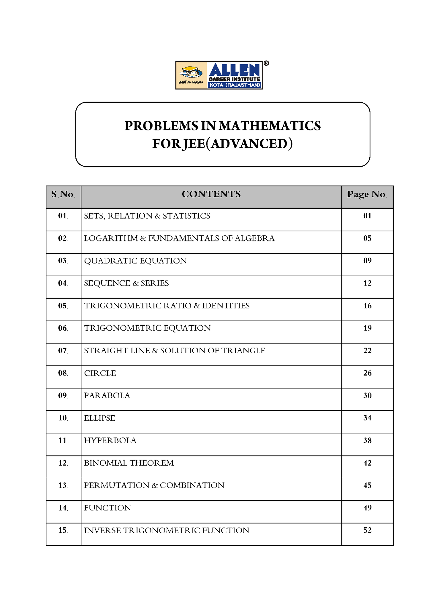 Problems in Mathematics with Answer key for JEE Advanced in English by ALLEN