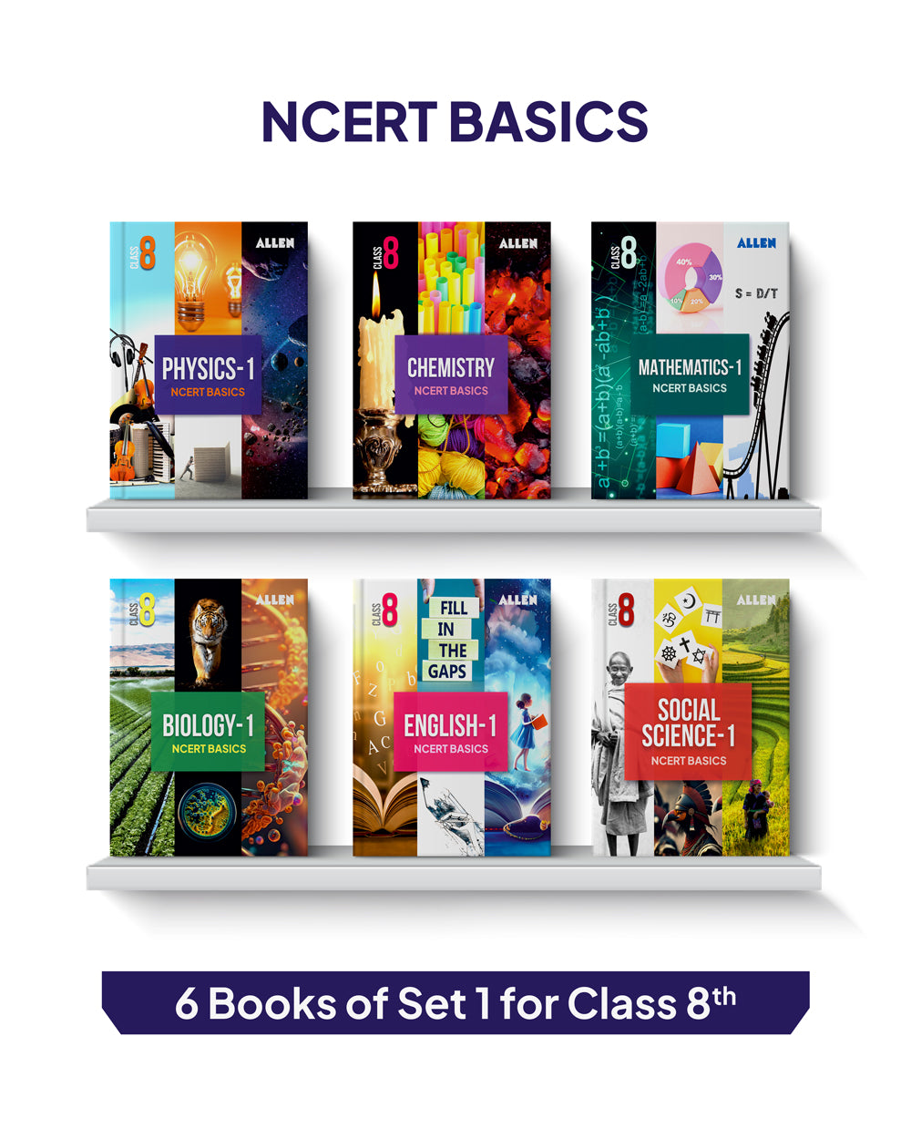 ALLEN Class 8 NCERT All-in-One Study Material Package - 11 Multicolor Modules Covering 6 Core Subjects | Physics, Chemistry, Biology, Maths, Social Science & English