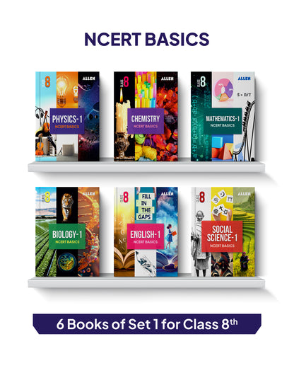 ALLEN Class 8 NCERT All-in-One Study Material Package - 11 Multicolor Modules Covering 6 Core Subjects | Physics, Chemistry, Biology, Maths, Social Science & English