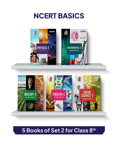 ALLEN Class 8 NCERT All-in-One Study Material Package - 11 Multicolor Modules Covering 6 Core Subjects | Physics, Chemistry, Biology, Maths, Social Science & English