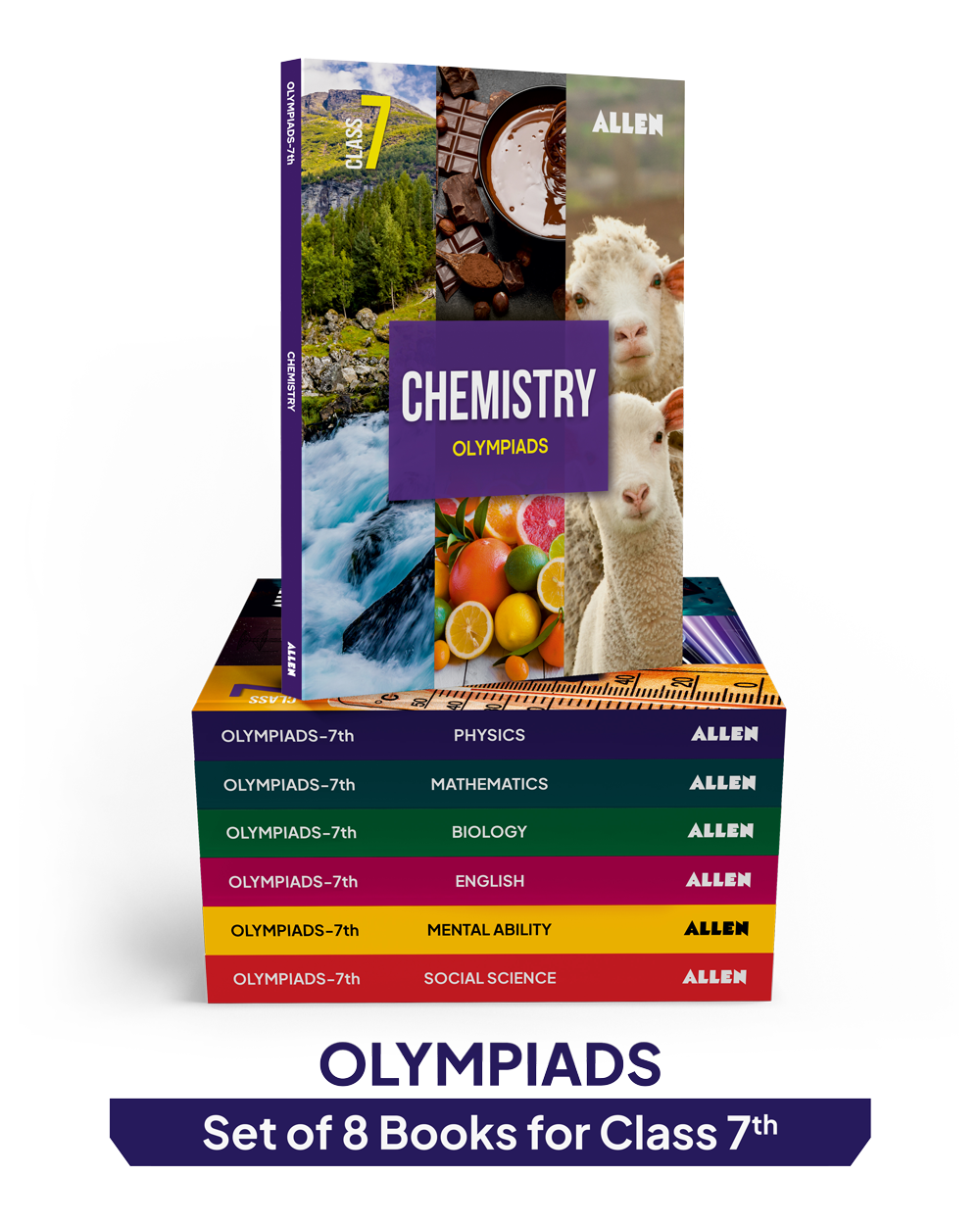 ALLEN Class 7 All-in-One Olympiad Study Material Package -8 Multicolor Modules Covering 7 Core Subjects | Physics, Chemistry, Biology, Maths, Social Science, English & Mental ability