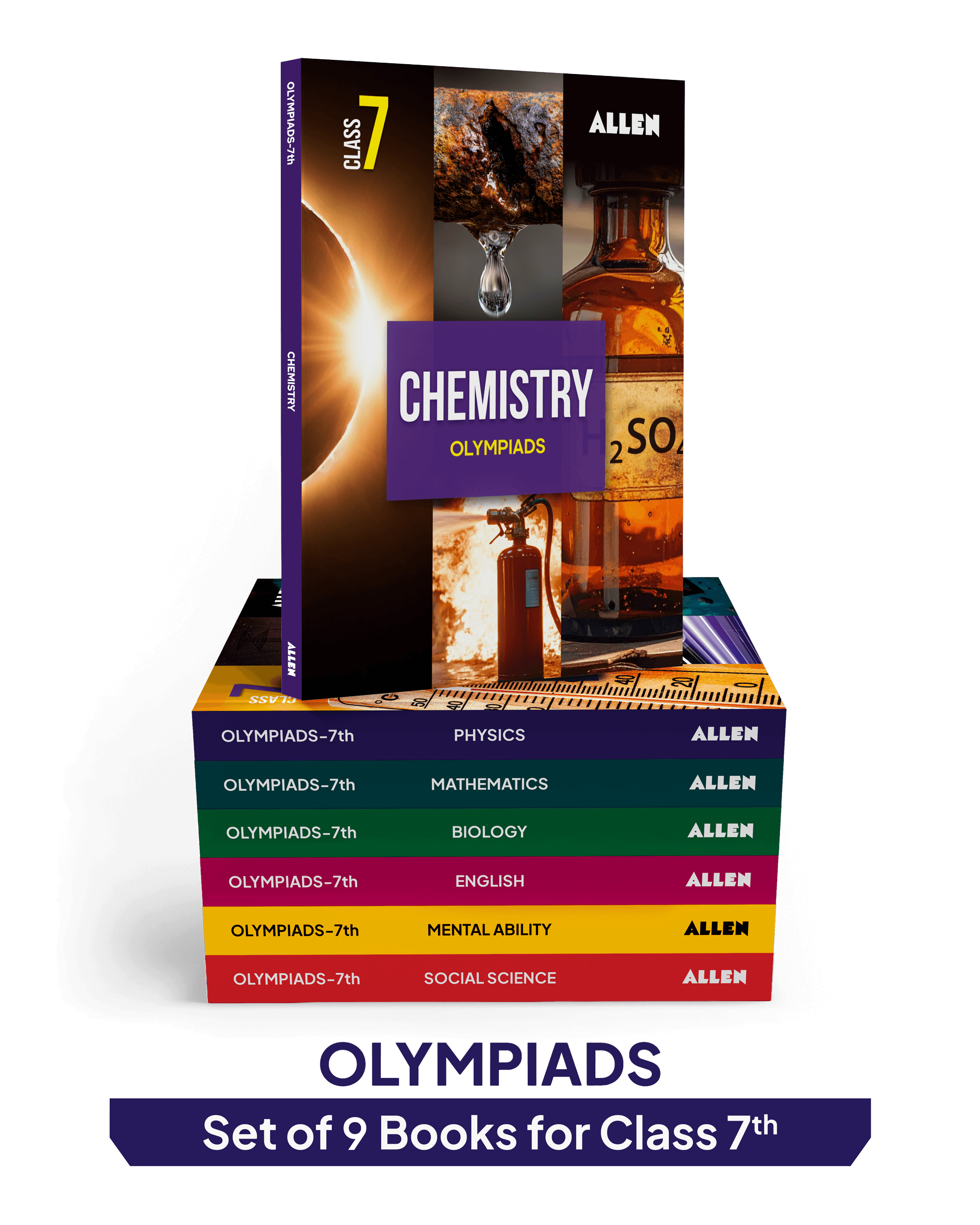 ALLEN Class 7 All-in-One Olympiad Study Material Package -9 Multicolor Modules Covering 7 Core Subjects | Physics, Chemistry, Biology, Maths, Social Science, English & Mental ability