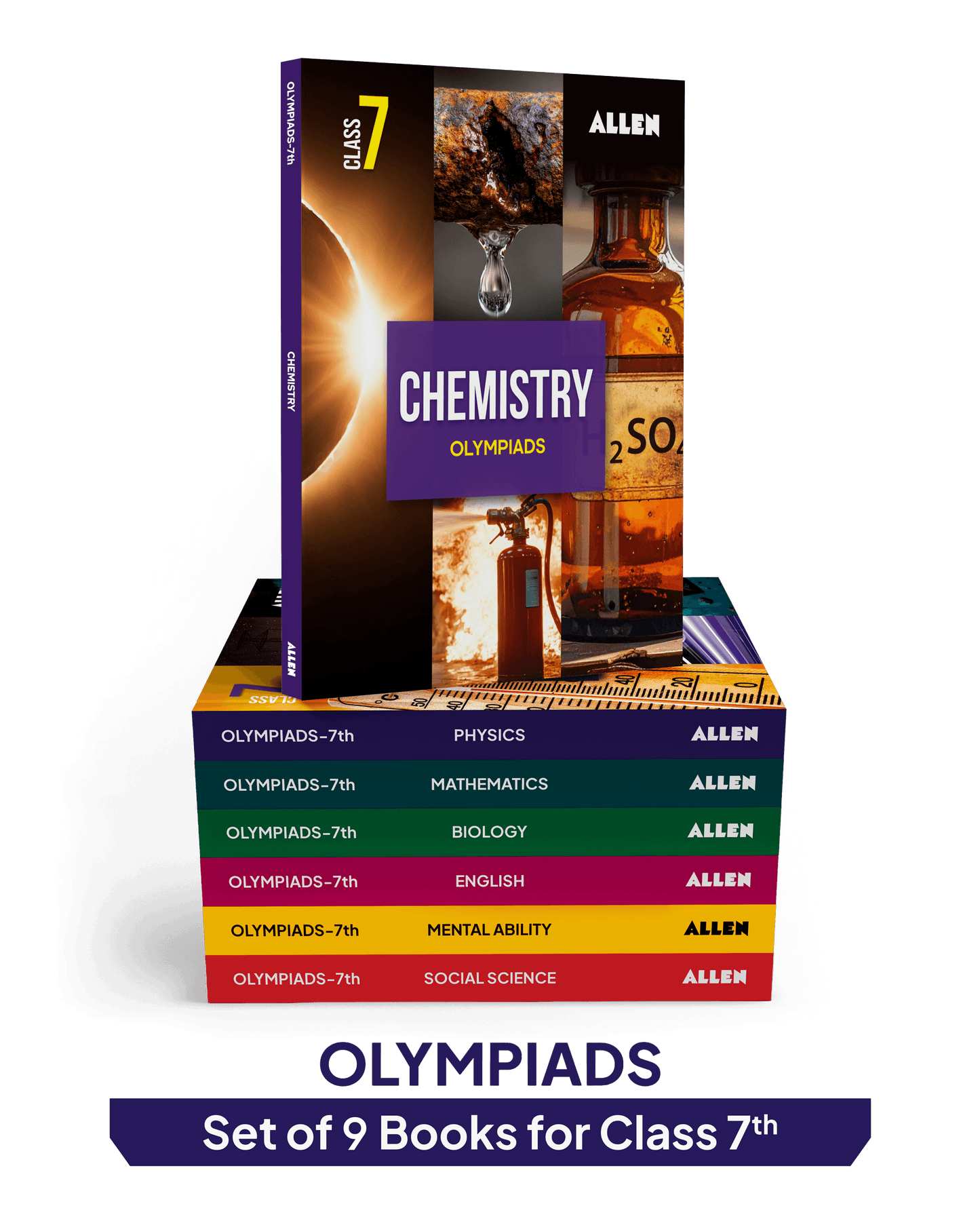 ALLEN Class 7 All-in-One Olympiad Study Material Package -9 Multicolor Modules Covering 7 Core Subjects | Physics, Chemistry, Biology, Maths, Social Science, English & Mental ability