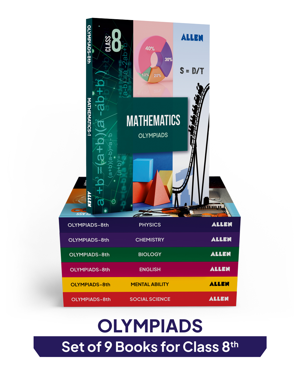 ALLEN Class 8 All-in-One Olympiad Study Material Package -9 Multicolor Modules Covering 7 Core Subjects | Physics, Chemistry, Biology, Maths, Social Science, English & Mental ability