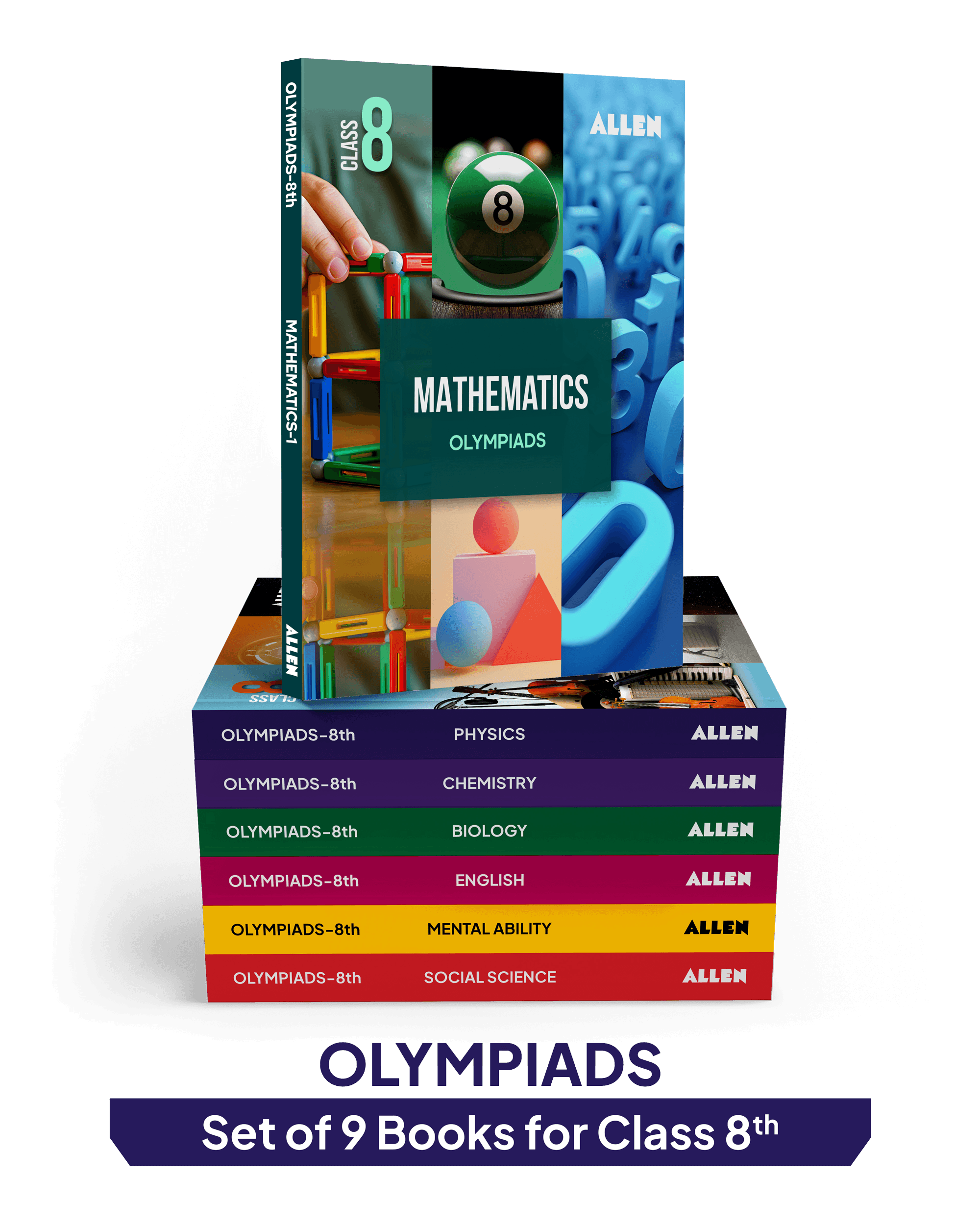 ALLEN Class 8 All-in-One Olympiad Study Material Package -9 Multicolor Modules Covering 7 Core Subjects | Physics, Chemistry, Biology, Maths, Social Science, English & Mental ability