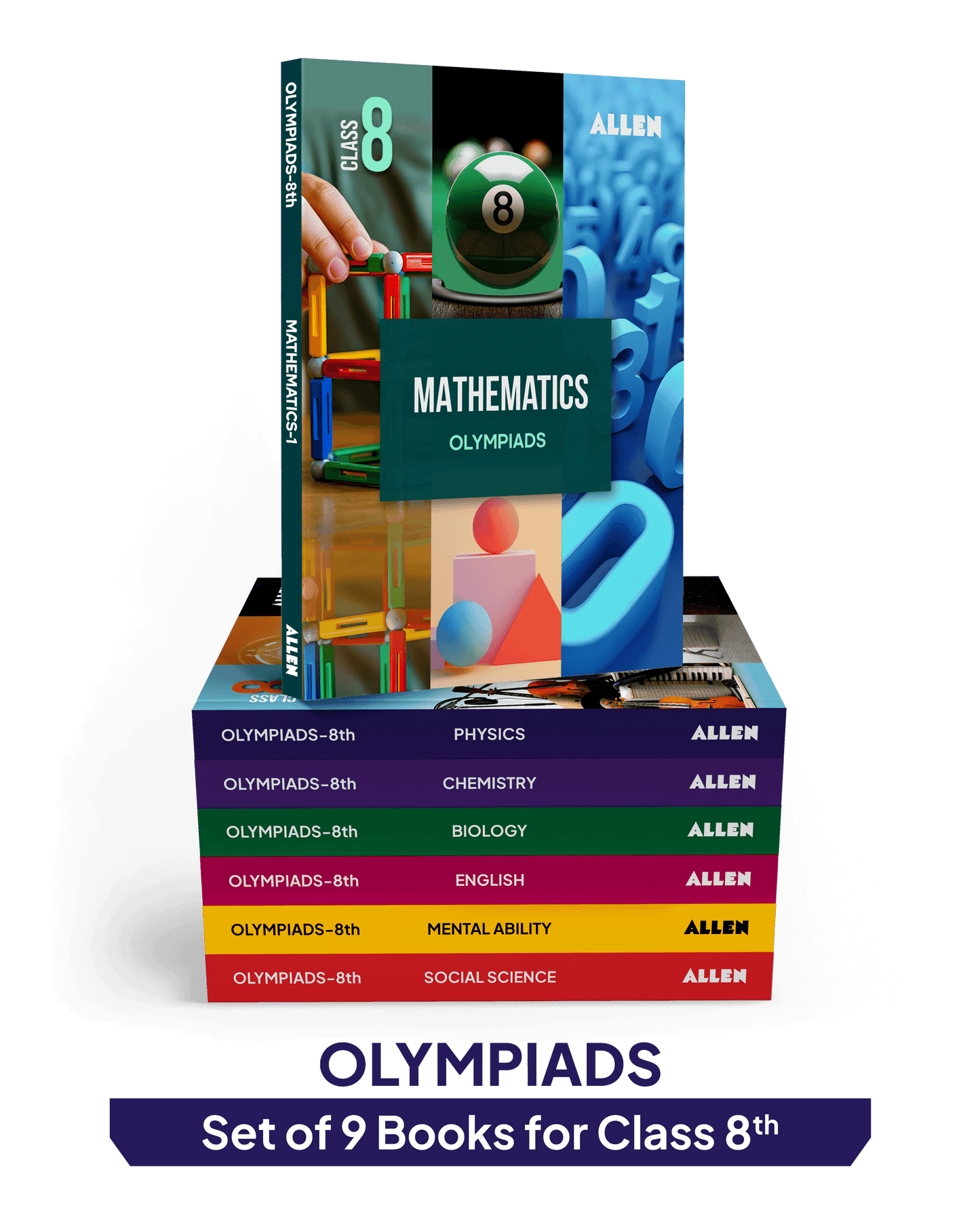 ALLEN Class 8 All-in-One Olympiad Study Material Package -9 Multicolor Modules Covering 7 Core Subjects | Physics, Chemistry, Biology, Maths, Social Science, English & Mental ability