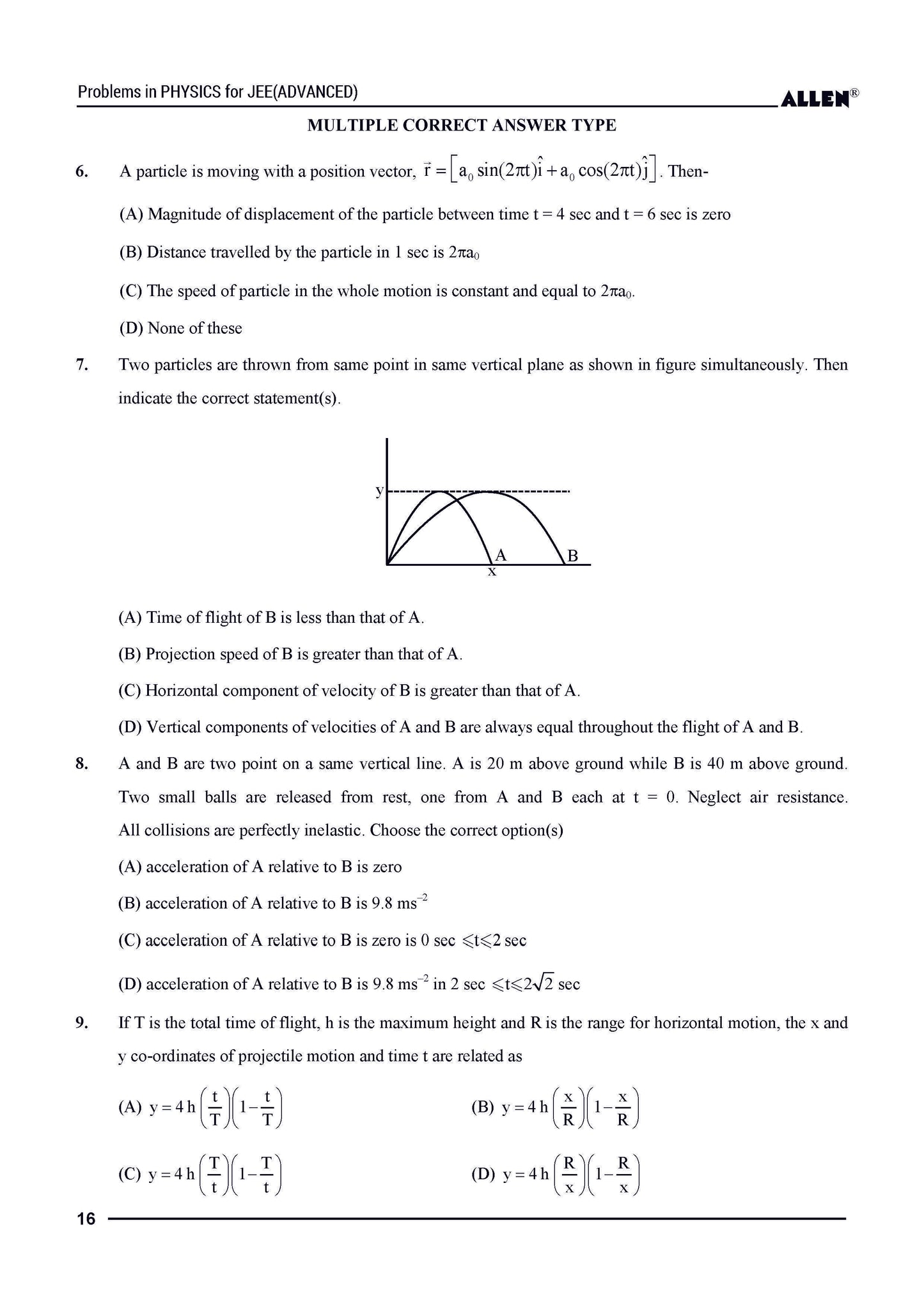 Problems in Physics with Answer key for JEE Advanced in English by ALLEN
