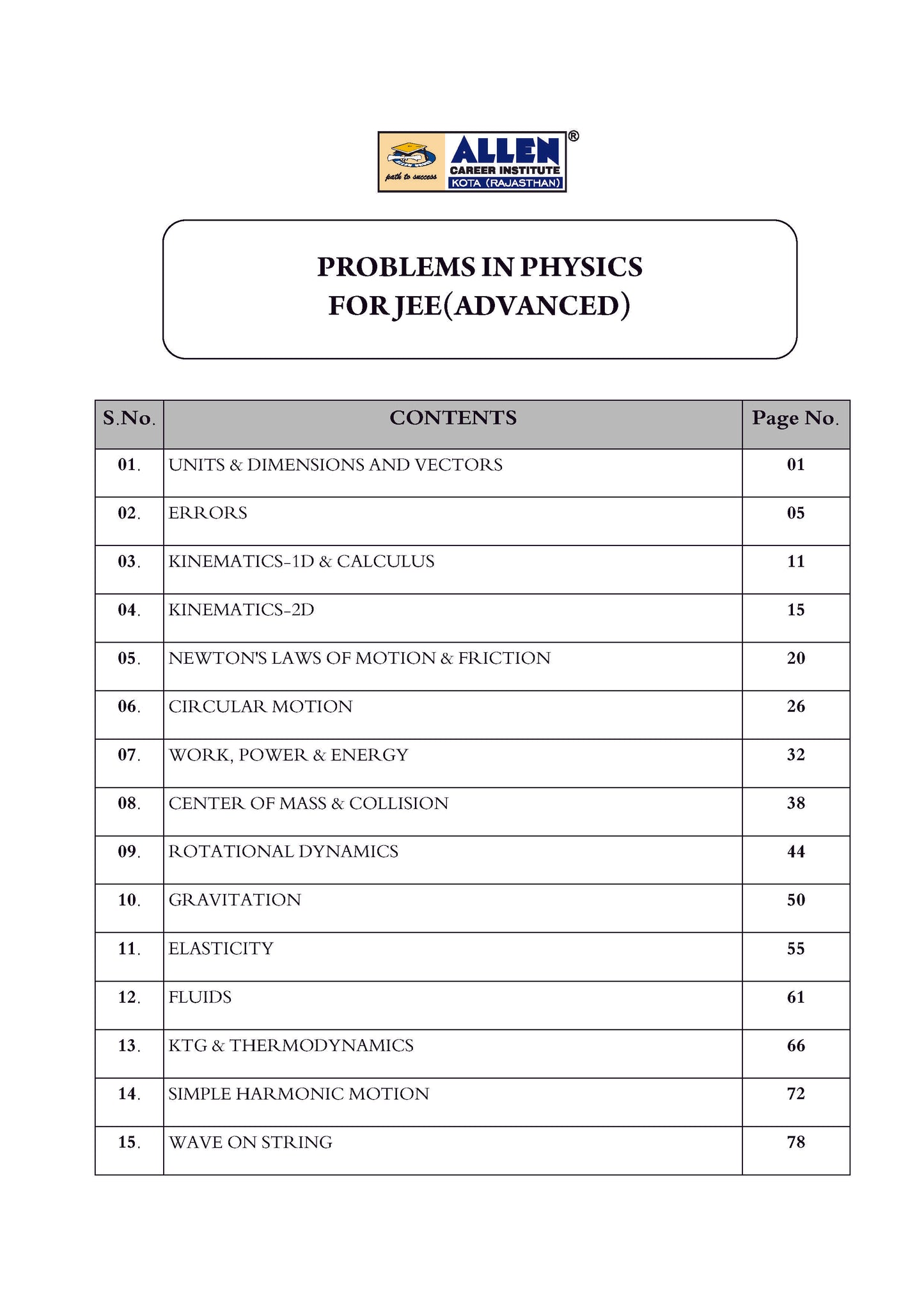 Problems in Physics with Answer key for JEE Advanced in English by ALLEN