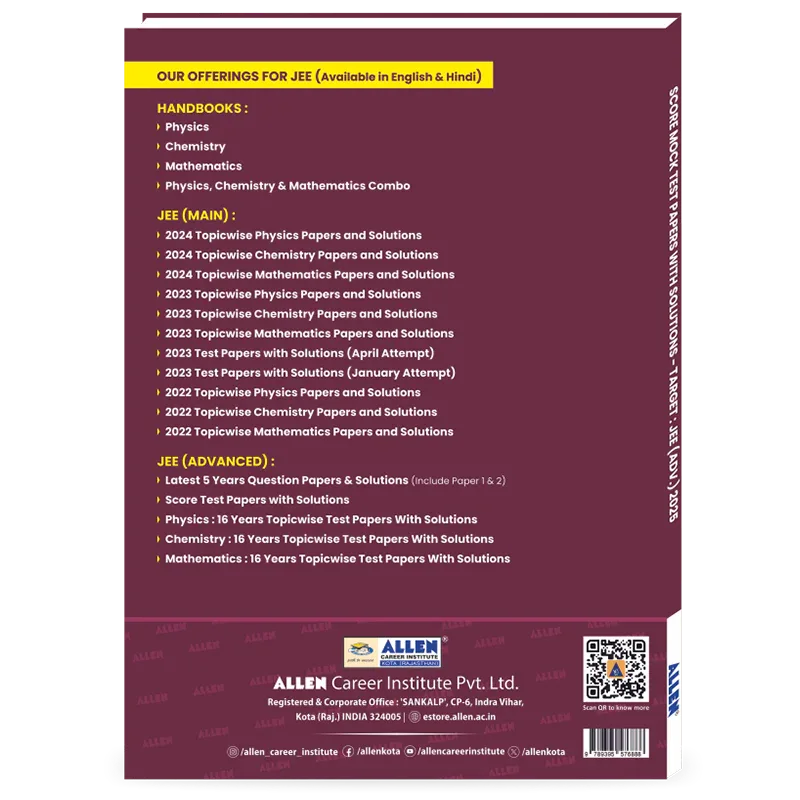 Allen Testing Cards ALLEN SCORE 10 Test Papers with Solutions (Paper 1 & 2) for JEE Advanc ...